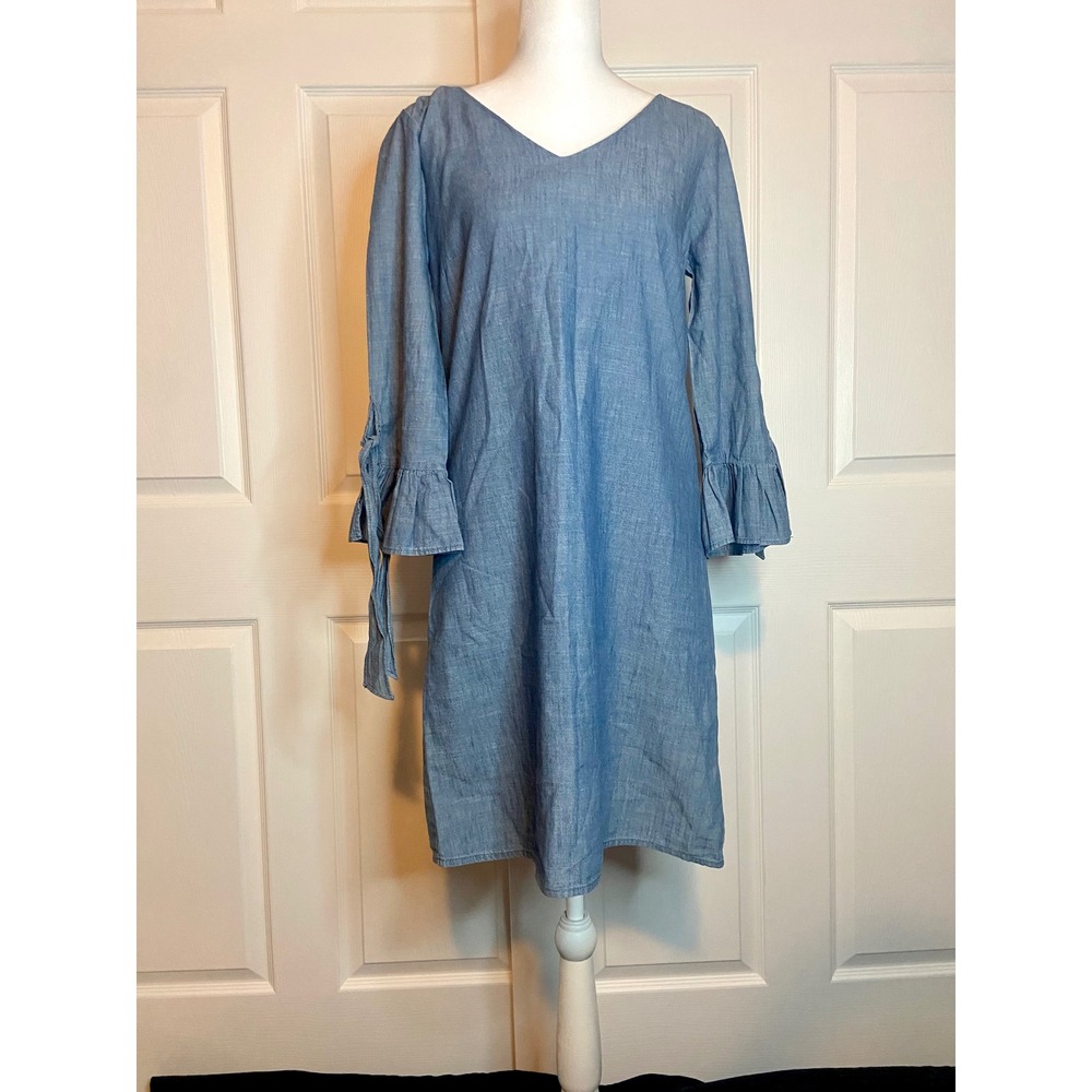 J.Crew Chambray V-Neck Ruffle Tie Sleeve Shift Dress Blue Cotton H5485 Size 4